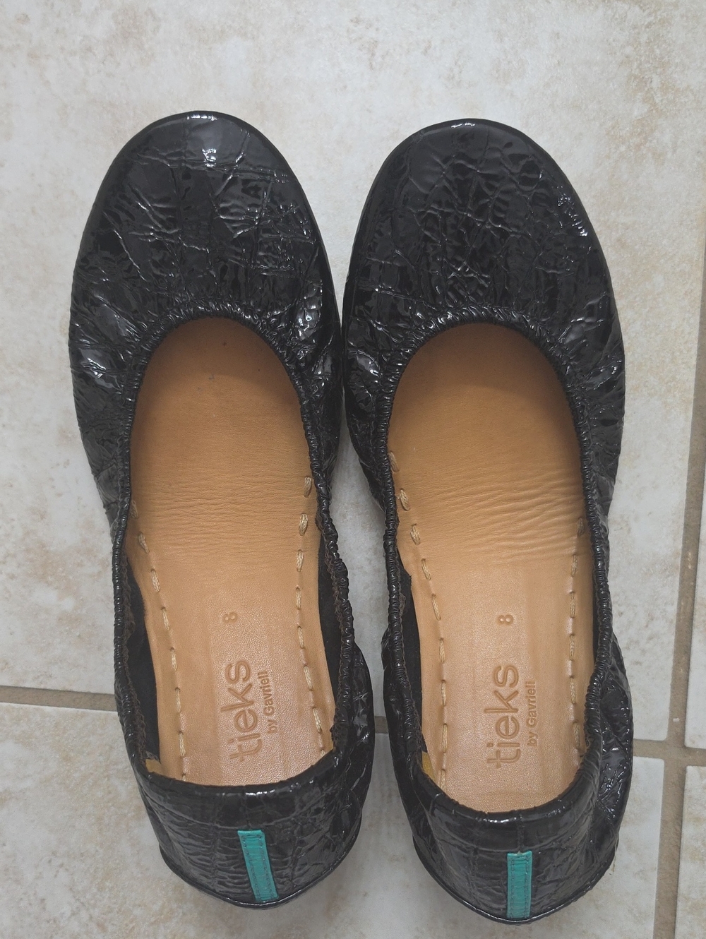 Tieks Black Croc-Textured Ballet Flats with Teal Heel Tab